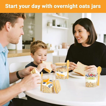 Glass Jars with Bamboo Lids and Spoons - 2 Pack 15 Fl.oz Square Glass Overnight Oat Jars with Airtight Lid, Clear Pantry Storage Container Food Canister for Spice, Loose Tea, Coffee, Sugar