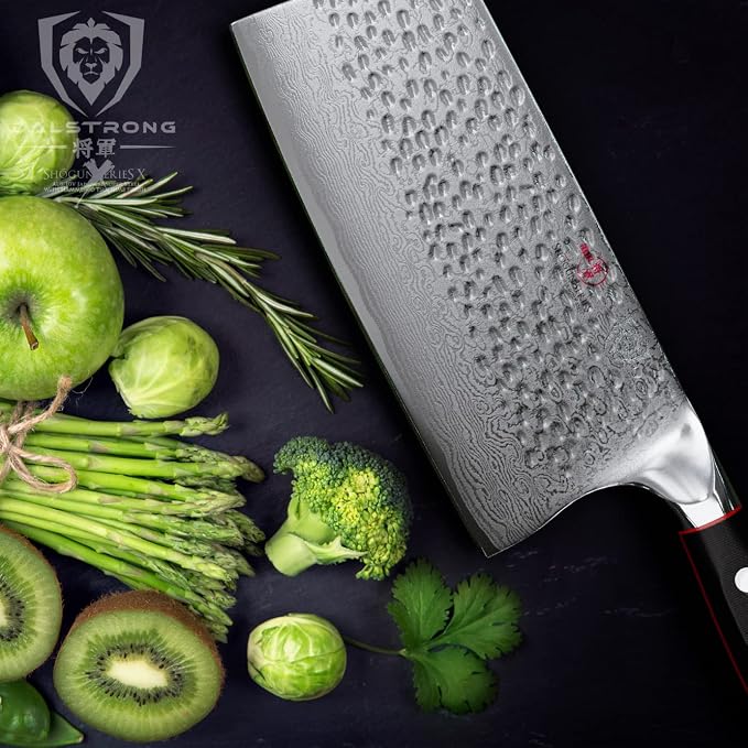 Dalstrong Meat Cleaver Knife - 7" - Shogun Series ELITE - Razor Sharp - Japanese Super Steel - Damascus Knife - Hammered Finish - Heavy Duty Gift Cooking Knife - w/Sheath