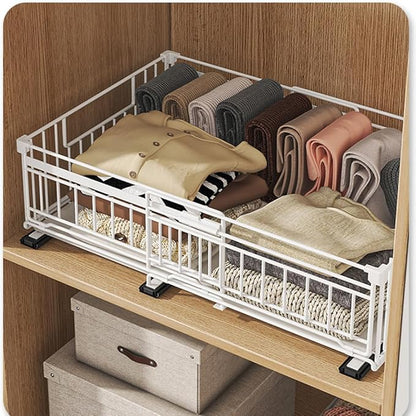 Expandable Pull Out Cabinet Organiser, No Drill Adhesive Slide Out Kitchen Drawer Shelf Durable Metal for Under Sink, Cupboard, Pantry, Adjustable Width (12.8"-19.7") (Style B White, 1 Pack)