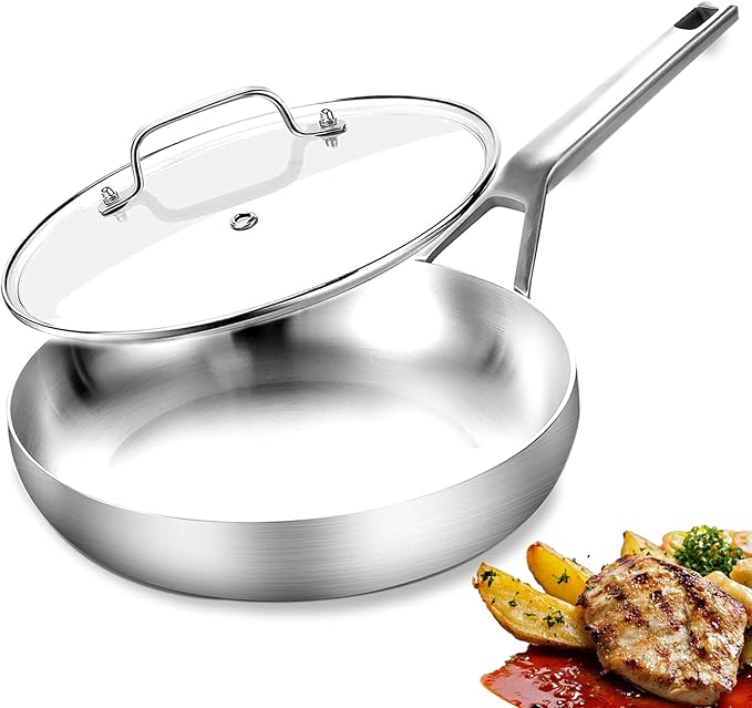 Yeksum Tri-Ply Fully Bonded Stainless Steel 12Inch Frying Pan With Lid, Up to 600℉ Full Clad, Large Cooking Surface for Searing, Induction Ready, Dishwasher and Oven Safe
