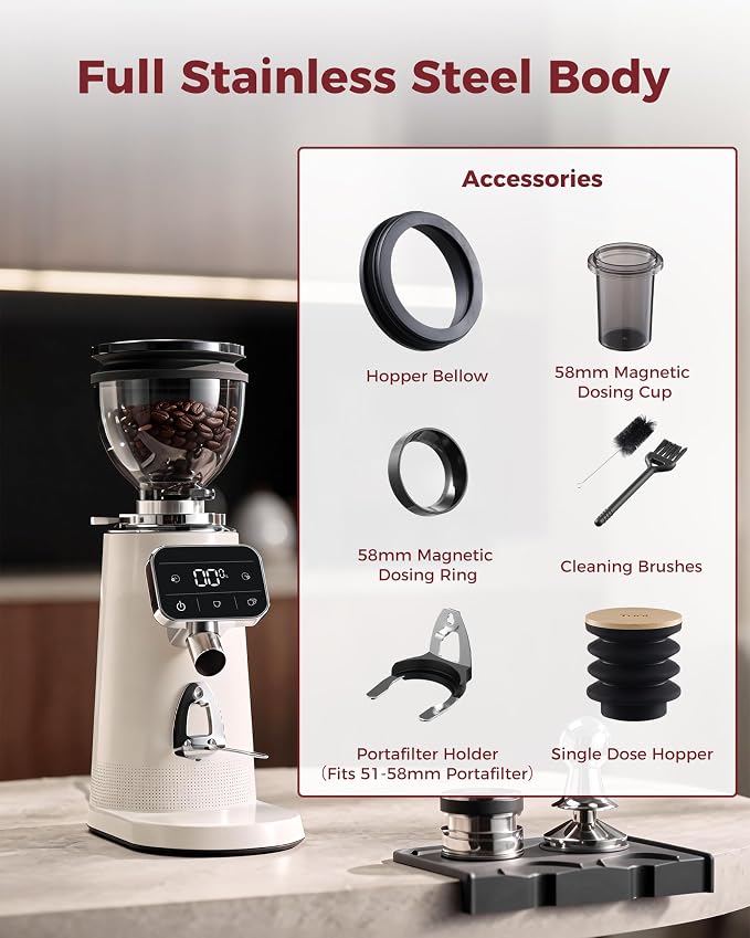 Tuni G3 Commercial Grade 64mm Flat Burr Coffee Grinder, 100 Grind Settings Electric Espresso Grinder with Single Dose, Touchscreen Display & Anti-Static Tech, All-Metal Stainless Steel Body, Ivory