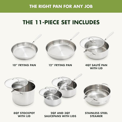 GreenPan Stainless Steel Cookware Set, 11 Piece, Induction Cookware, Dishwasher Safe, Oven Safe to 600F, Large 8QT Stock Pot, Sauce, Saute, Frying Pans, Pots & Pans Kitchen Essentials, Silver