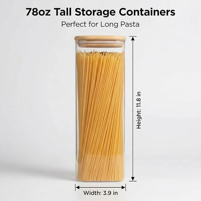 Pasta Storage Containers 3 Pack, 78oz Square Airtight Glass Spaghetti Container with Bamboo Lids, Tall Glass Pasta Storage Jar for Pantry Organization Spaghetti Linguine Fettuccine Cereal