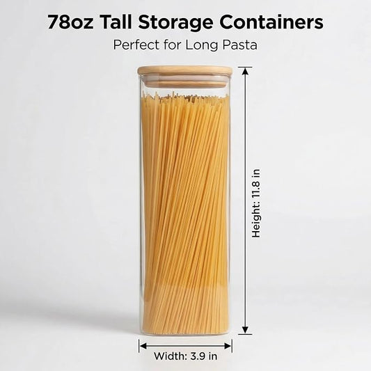 Pasta Storage Containers 3 Pack, 78oz Square Airtight Glass Spaghetti Container with Bamboo Lids, Tall Glass Pasta Storage Jar for Pantry Organization Spaghetti Linguine Fettuccine Cereal