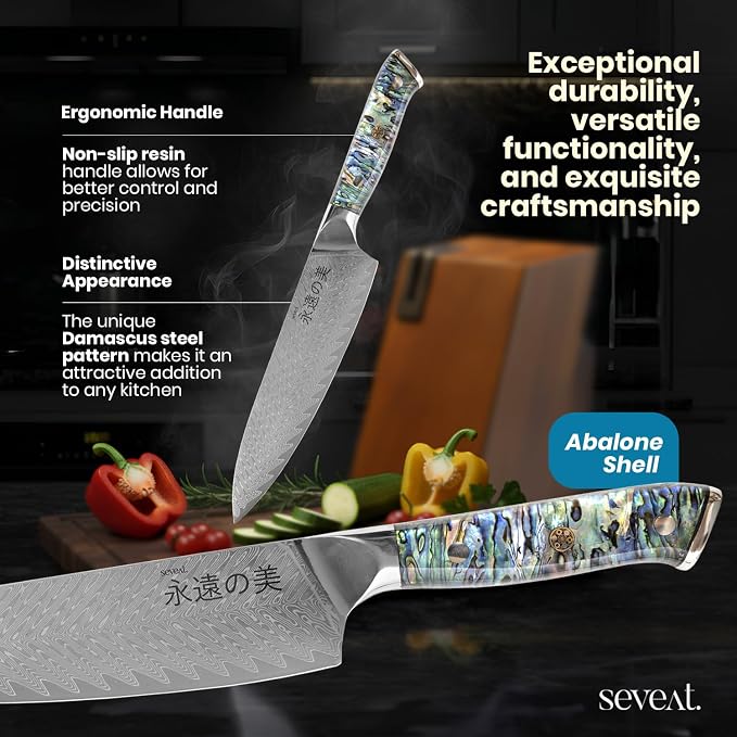 Damascus Kitchen Knife Set | 67-Layer Damascus Steel | Professional Chef Knives Set | Ergonomic Blue Shell Handle | Acacia Wood Magnetic Holder Included (Blue, 9-Piece Set)