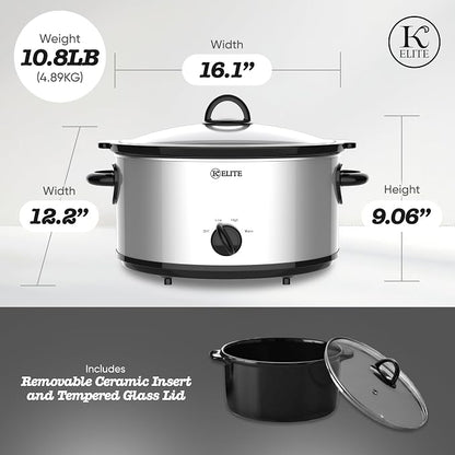 Kitchen Elite 6 Quart Slow Cooker for Large Families, Stainless Steel Crock Pot with 3 Heat Settings, Dishwasher-Safe Ceramic Pot & Tempered Glass Lid