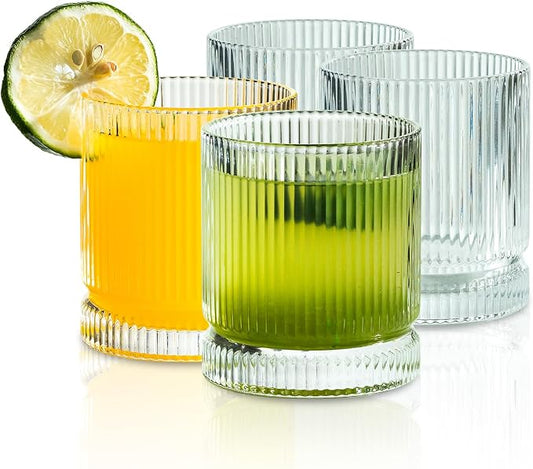 KEMORELA Ribbed Glass Cups Set, 13oz Vintage Drinking Glassware Set of 4, Premium Glassware, Elegant Mixed Glassware Set, Origami Style Cocktail Glasses, Great for Cocktail, Whisky & Beverages