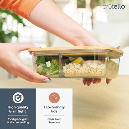 Crutello Glass Storage Containers with Bamboo Lids - Eco-Friendly Non Toxic Meal Prep Jars with Wooden Lid for Fridge and Kitchen Organization - Non Plastic Container for Fruit Bowls - 48 oz - 4 Pack