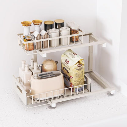 Under Sink Organizer, Heavy Duty Metal Pull Out Cabinet Organizer Slide Out Sink Shelf Organizer Height Adjustable, Multi-Purpose Storage Shelf for Kitchen Bathroom(Sand,2Pack)