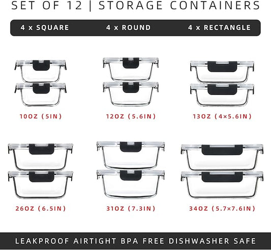 FAWLES 12 Pack Glass Meal Prep Containers with Airtight Lids, Leak-Proof Food Storage Containers, Dishwasher/Microwave/Oven/Freezer Safe Glass Containers for Lunch, Leftovers, to Go (Grey)