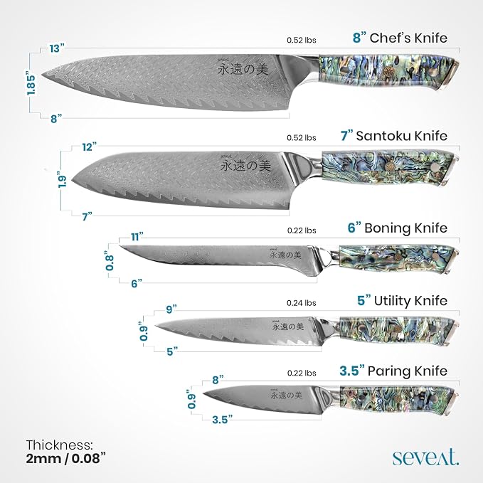 Damascus Kitchen Knife Set | 67-Layer Damascus Steel | Professional Chef Knives Set | Ergonomic Blue Shell Handle | Gift Box Included (Blue-2, 5-Piece Set)