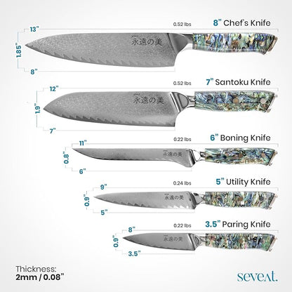Damascus Kitchen Knife Set | 67-Layer Damascus Steel | Professional Chef Knives Set | Ergonomic Blue Shell Handle | Acacia Wood Magnetic Holder Included (Blue-3, 5-Piece Set)