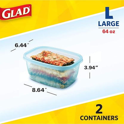 Glad Gladware Freezerware Food Storage Containers, Large Rectangle Holds 64 Ounces of Food, 2 Count Set | Tupperware, Plastic Food Container, Meal Prep Container, Plastic Containers with Lids