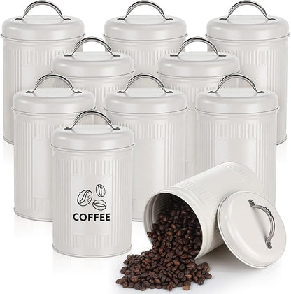 LemonRoad 10 Pack Kitchen Canisters Set Large 48oz Airtight Metal Food Storage Jars with Lids Vintage Farmhouse Coffee Canister Rustic White Pantry Decor for Coffee, Tea, Sugar, Flour, Cookies & Snack
