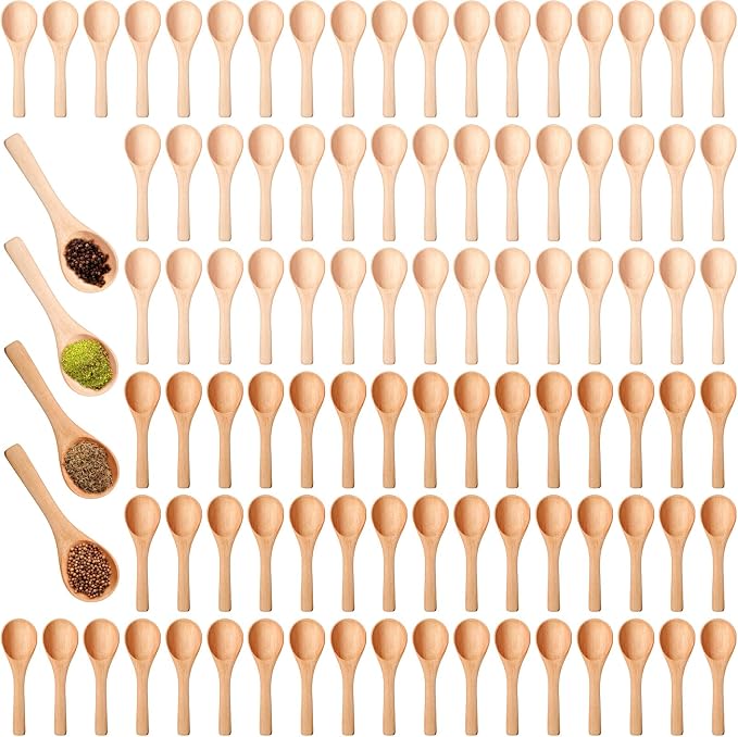 Boao 100 Pcs Small Wooden Spoons, 3.5'' L, Mini Wood Natural Tiny Spoons Wooden Little Teaspoons for Jars Sugar Creamer Honey Spices Salt Kitchen Supplies (Mix Color)