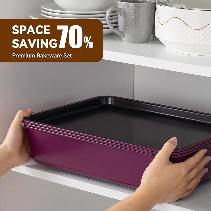 Wildone 13-Piece Baking Pans Set Nonstick - Stackable Bakeware Sets Including Cookie Sheets for Baking, Rack, Muffin Pan, Cake pan, Loaf Pan, Roasting Pan, Heavy Duty & Easy Clean, Plum