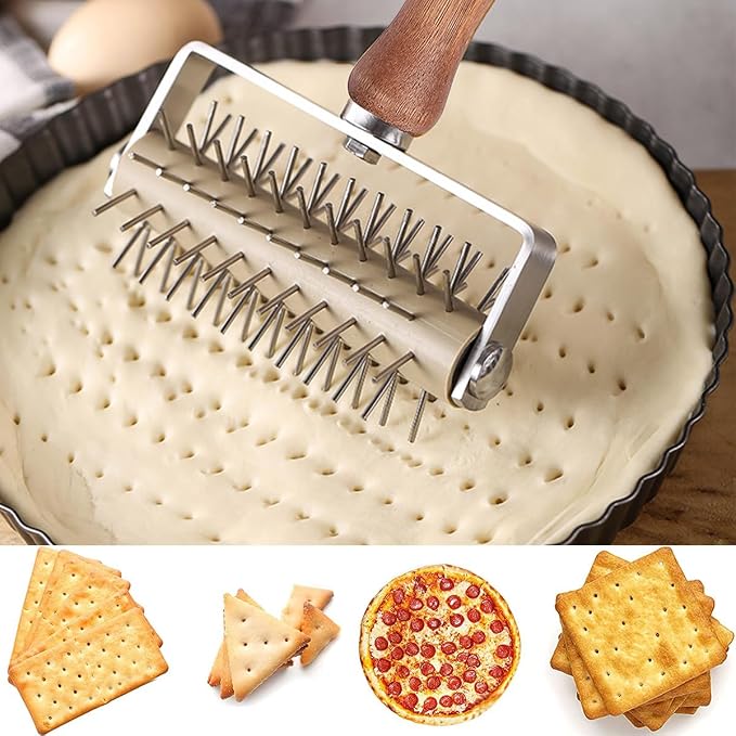 Dough Docker Roller Stainless Steel and Wooden Dough Roller, Set of 2 Pizza Pin Roller Dough Hole Maker Wood Pastry Pizza Roller for Pizza, Cookie, Pie, Pastry, Bread, Crust