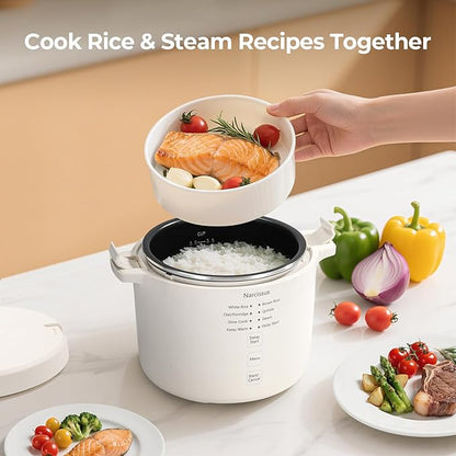 Narcissus 3.5-Cup Rice Cooker for 1-3 People, Multifunctional for Rice, Oatmeal, Quinoa - Slow Cook, Steam, Cook Rice & Steam Dish Together, Rice White