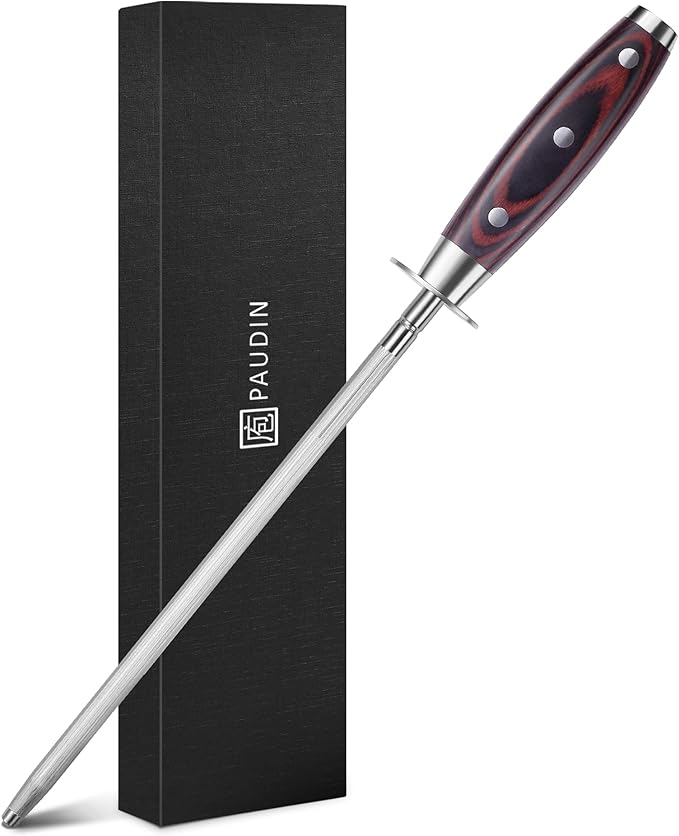 PAUDIN Honing Rod, Knife Sharpener Rod 10 inch, Professional Kitchen Knife Sharpener, High Carbon Knife Sharpening Steel with Ergonomic Pakkawood Handle, Honing Steel for All Chef Knives