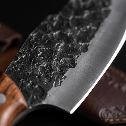 KOFERY Hand Forged Serbian Butcher Knife with Full Tang 4Cr13MoV Steel, Viking Meat Cleaver for Butchering, Camp Cooking and BBQ, Includes Leather Sheath & Pocket Sharpener