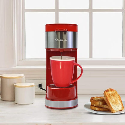 Kenmore Single Serve Coffee Maker – Compatible with Keurig K‑Cup Pods & Ground Coffee, One Cup Brewer, 6–12 Oz Brew Sizes, Travel Mug Friendly, Auto Shut‑Off, Hot & Iced Maquina de cafe, Red