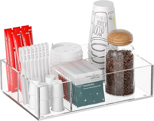 Clear Coffee Station Accessories Organizer, Countertop Acrylic Coffee Bar Tray for Coffee, Tea Bags, Condiments, Cups, Jars
