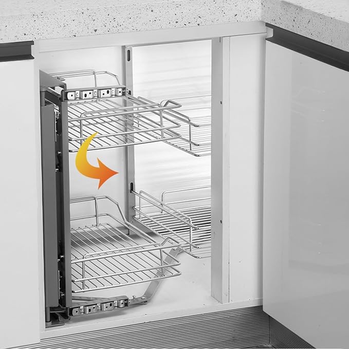 Gdrasuya10 Stainless Steel Blind Corner Cabinet Pull Out Organizer, 2 Tier Corner Pull Out Cabinet Steel Slide Out Organizer Kitchen Deep Cabinet Storage Organizer Shelf for 16" Left Opening Door