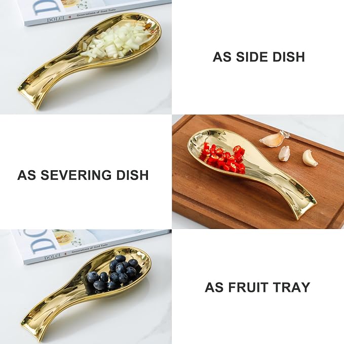 Ceramic Spoon Rest for Stove Top, Large 8.7 Inch Spoon Holder for Kitchen Counter, Porcelain Utensil Rest for Ladle, Spatula, Tongs, Housewarming Gift, Dishwasher Safe and Heat-Resistant, Gold(1 PC)