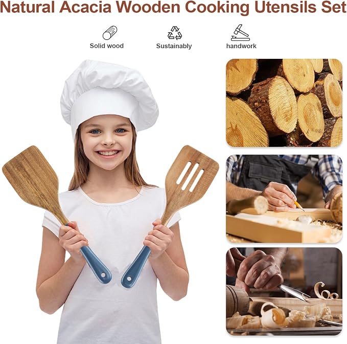 Wooden Spoons For Cooking, 6 PCS Natural Acacia Wooden Cooking Utensils, Non-Stick Wood Kitchen Utensil Set for Kitchen Essentials, Smooth Grip Wood Cooking Spoons with Hanging Hole, Blue