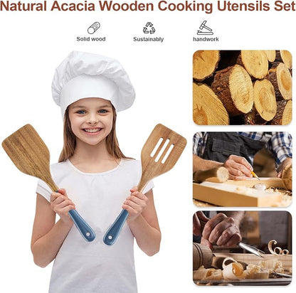 Wooden Spoons For Cooking, 6 PCS Natural Acacia Wooden Cooking Utensils, Non-Stick Wood Kitchen Utensil Set for Kitchen Essentials, Smooth Grip Wood Cooking Spoons with Hanging Hole, Blue