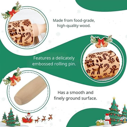 Wooden Embossed Rolling Pin for Baking & Crafts-Easy to Clean, Lightweight Design for Cookie Dough, Pie Crust & Pastry- Deep Engraved Pattern Roller Also Perfect for Clay- Essential Kitchen & DIY Tool