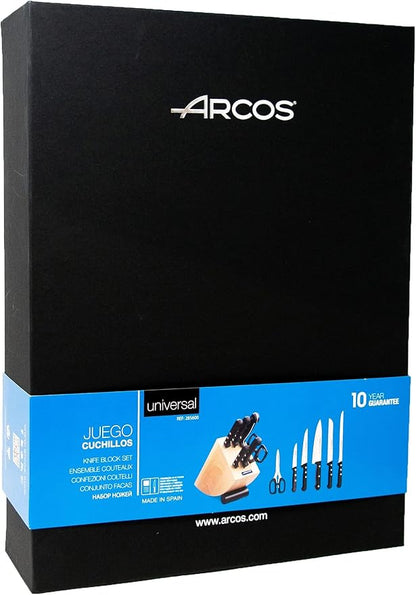 Arcos Kitchen Block Knife Set 6 pieces (5 Knives + 1 Scissors). Stainless Steel - Polyoxymethilene (POM) Handles. Pine Wood Block