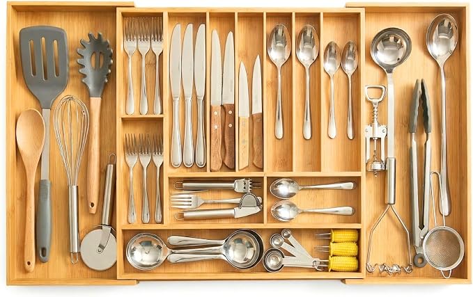 33" Expandable Bamboo Utensil Drawer Organizer | Solid Bamboo, Expands to 33" Wide, 11 Custom Compartments, Sorts Flatware & Utensils, Fits Kitchen or Office Drawers