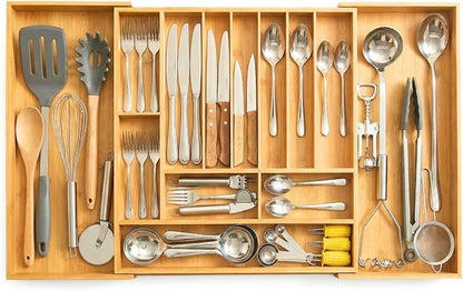 33" Expandable Bamboo Utensil Drawer Organizer | Solid Bamboo, Expands to 33" Wide, 11 Custom Compartments, Sorts Flatware & Utensils, Fits Kitchen or Office Drawers