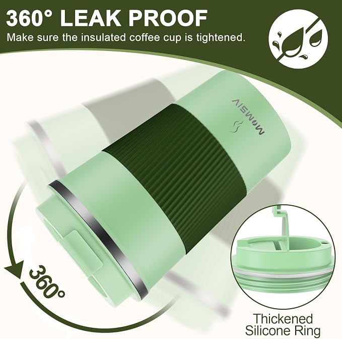 MOMSIV 12oz Travel Mug, Insulated Coffee Cup with Leakproof Lid, Vacuum Stainless Steel Double Walled Reusable Tumbler for Hot and Cold Water Coffee and Tea In Travel and Car (Green-380ml)