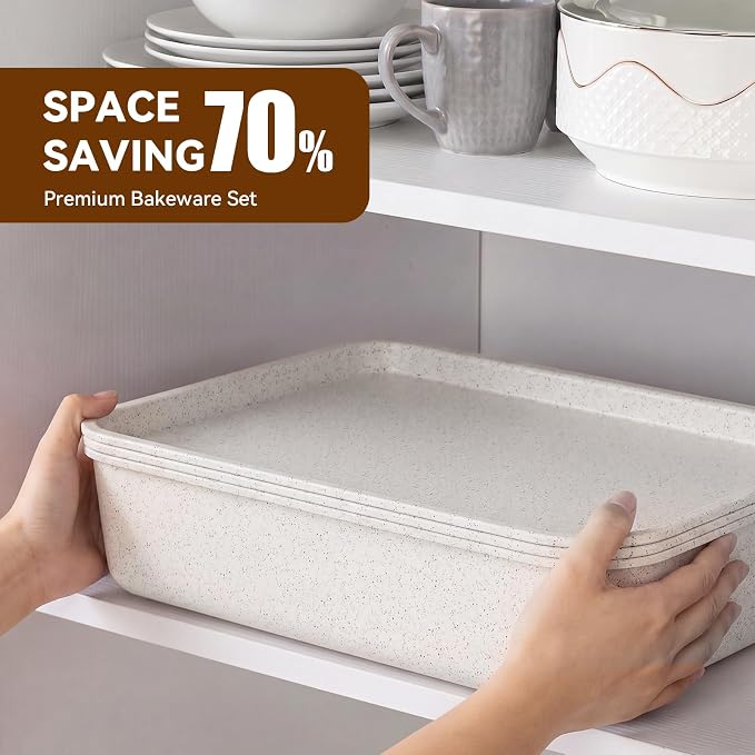 Wildone 13-Piece Baking Pans Set Nonstick - Stackable Bakeware Sets Including Cookie Sheets for Baking, Rack, Muffin Pan, Cake pan, Loaf Pan, Roasting Pan, Heavy Duty & Easy Clean, White
