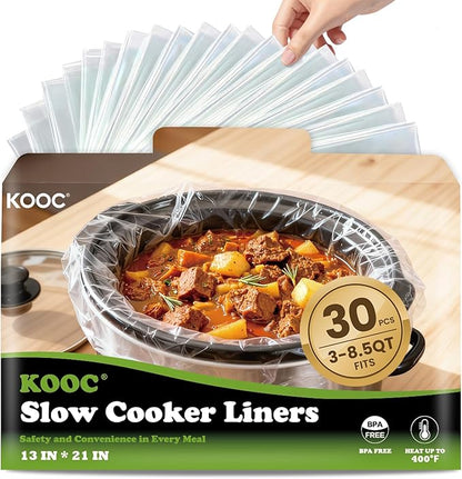 KOOC Slow Cooker Liners, 30 count 13" x 21" Large Size Cooking Bags Fits 3-8 Quart Pots, Disposable Cooking Trays Suitable for Oval & Round & Retangular Pot