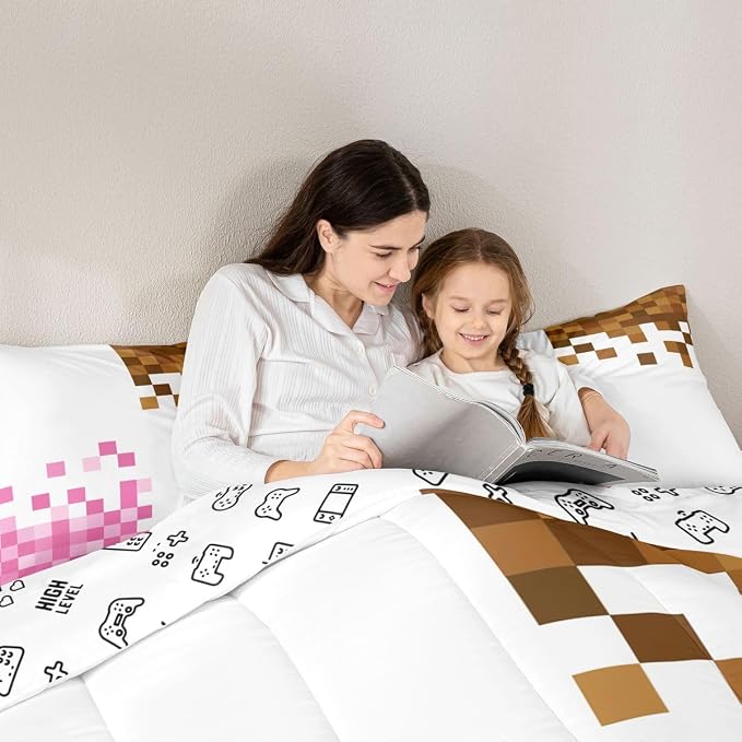 Manfei Game Pixelated Theme Kids Comforter Toddler Size,Patchwork Grid Quilt Set for Kids Boys Girls Bedroom Decor,Video Games Bedding Set,Pink Brown Duvet Insert,1 Pillowcase