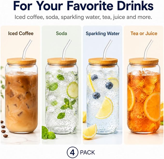 Glass Cups with Lids and Straws Set of 4, 16 oz Can Glasses with Bamboo Lids and Glass Straws, Iced Coffee Cups for First Apartments, Couples, Coffee Bar and Daily Drinks