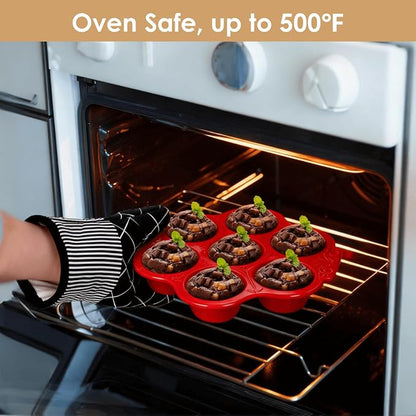 Youeon 2 Pack Red Ceramic Muffin Pans, 7 Cup Nonstick Cupcake Baking Pans with Floral Handles, Oven & Dishwasher Safe Muffin Tins for Muffins, Cupcakes, Mini Cheesecakes, Holiday Baking Gift