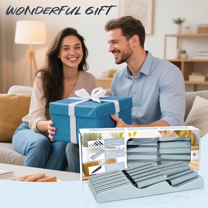 12-Piece Blue Modern Knife Block Set with Drawer Organizer, Stainless Steel Knife Set, 7.2" Chef Knife, 6 Steak Knives