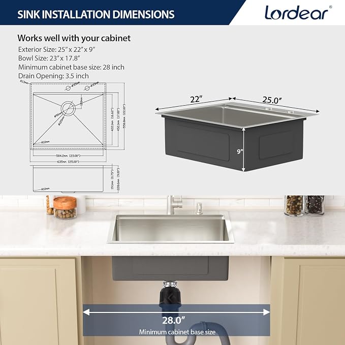 Lordear 25 Inch Drop In Kitchen Sink with Faucet 16 Gauge Stainless Steel Single Bowl 25x22x9 Topmount Kitchen Sink Workstation Sinks with Soap Dispenser