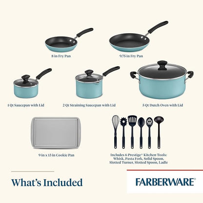 Farberware Cookstart Aluminum DiamondMax Nonstick Cookware Set, Kitchen Essentials, 15-Piece, Aqua