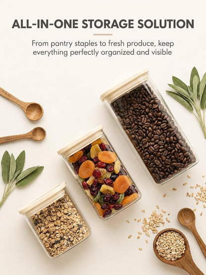 4pcs Small Square Glass Food Storage Containers Set with Glass Lids 0.76Qt - Stackable Kitchen Canisters Sets for Nuts, Overnight Oast, Snacks | 24floz Glass Pantry Storage Jars