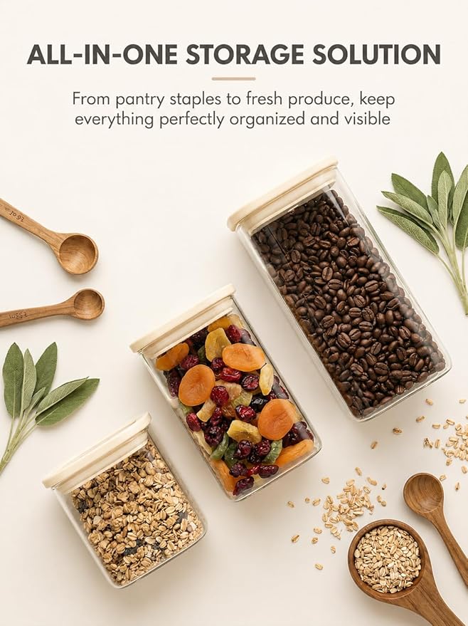 8pcs Square Glass Pantry Storage Containers Set with Glass Lids 1.22Qt/1.67Qt - Airtight Stackable Kitchen Canisters Sets for Pasta, Cereal, Flour | 40floz / 53floz Glass Pantry Storage Jars