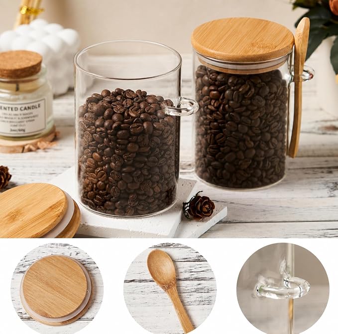 Coffee Sugar Container Salts Jars - 15oz Glass Airtight Caning with Bamboo Lids and Spoons Scoop, Storage Overnight Oats, Spice, Creamer, Food Organizer, Set of 3