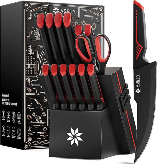 Knife Set - 15 PCS Kitchen Knife Set with Built-in Knife Sharpener Block - Stainless Steel Knife Block Set - Dishwasher Safe, Elegant Box for Men Women, Fathers day, Red