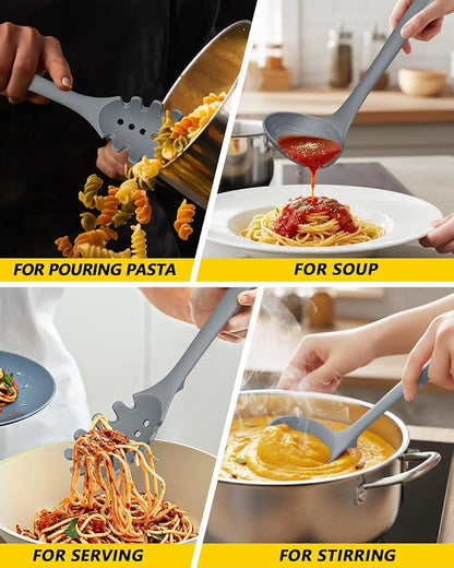 Silicone Pasta Fork and Soup Ladle Set, Heat Resistant Non Stick Kitchen Utensils with Back Hooks, Suitable for Cooking, Stirring, Serving Spaghetti, Soup, Sauce (GRAY)