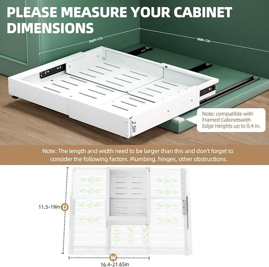Expandable Pull Out Cabinet Organizer, Adjustable Width 12"-19" & Depth 16.5"-22", 4-Side Extension, 5 Slide Rails for Heavy Duty Use, Adhesive Roll Out Shelves for Kitchen Cabinets, White 1PCS