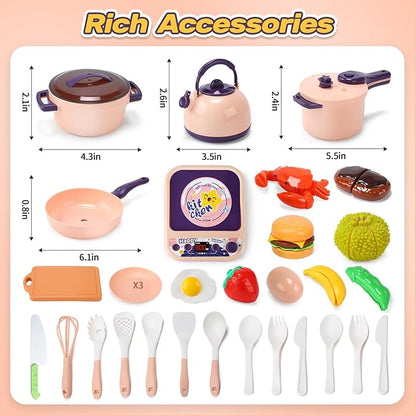 CUTE STONE Kids Kitchen Accessories, Toy Pots & Pans Set with Sound & Light Induction Cooktop, Cuttable & Peelable Play Food, Play Cookware, Educational Role Play Gift for Toddlers & Kids Ages 3+